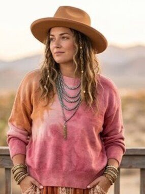 Revolve Lovers + Friends Pink Brown Tie Dye Crewneck Sweater Boho Oversized M